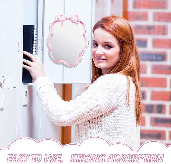 JarThenaAMCS Pink Bow Magnetic Locker Mirror with Magnetic Backing 7.9 x 5.9 Inch Coquette Acrylic Makeup Mirror for Home Dorm Office Bathroom Cabinet Decor