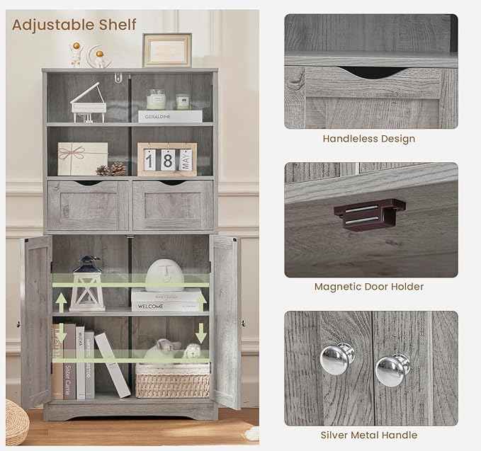 Iwell Storage Cabinet with 2 Drawers & Adjustable Shelf, Tall Bathroom Cabinet with Doors, Cupboard, Kitchen Cabinets for Living Room, Dining Room, Entryway, Grey