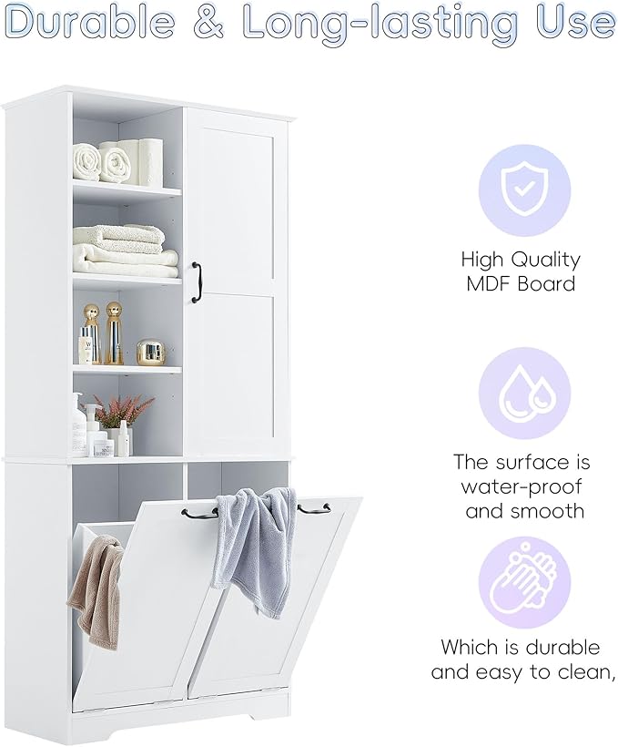 68" Tall Bathroom Storage Cabinet with Two Doors and Two Laundry Hampers for Home Display Organizer, Adjustable Shelf, White