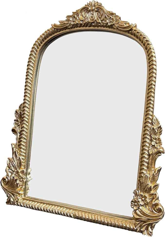 Baroque Gold Vintage Vanity Mirror 13x10 Inch, Wall-Mounted & Tabletop Dual-Use, Ornate Gold Accent Retro Decorative Mirror for Bedroom Dresser, Bathroom, Living Room and Dorm