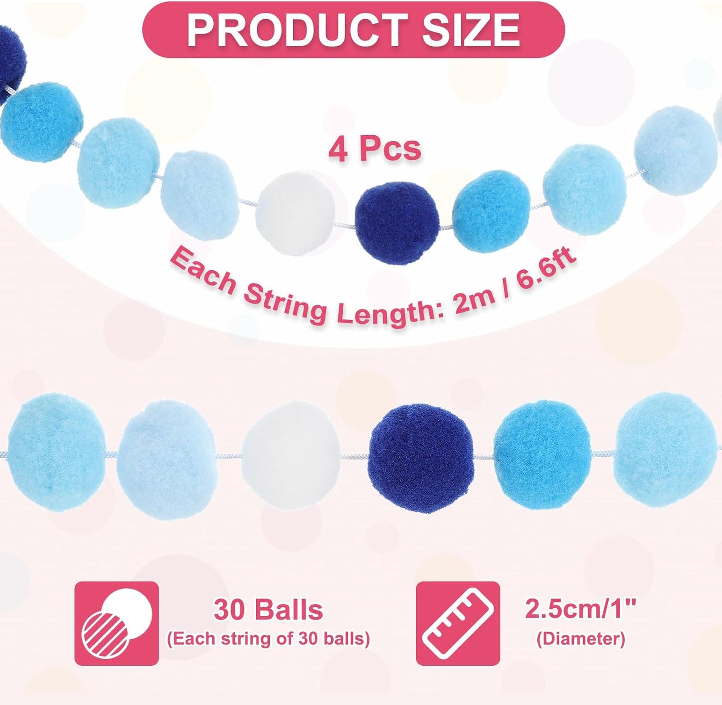 PATIKIL 26Ft Pom Pom Garland Decorations, 4Pcs Colorful Felt Ball Garland Banner Cute Rainbow Pompom Hanging Decorations for Tree Ornaments Homes Decor, White/Blue Series