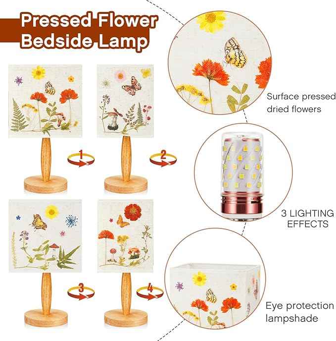 Hortsun Pressed Flower Lamp Vintage Table Small Lamp Cottagecore Decor Boho Night Light Decorative Rustic Night Light for Bedroom, Living Room or Office, Valentine Gift for Women(Square)