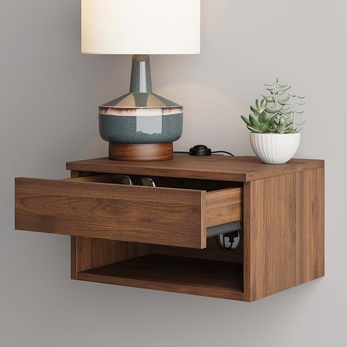 Nathan James Jackson Wall Mounted Floating Bedroom Nightstand with Storage Drawer and Modern Open Shelf Cubby, Dark Brown Walnut