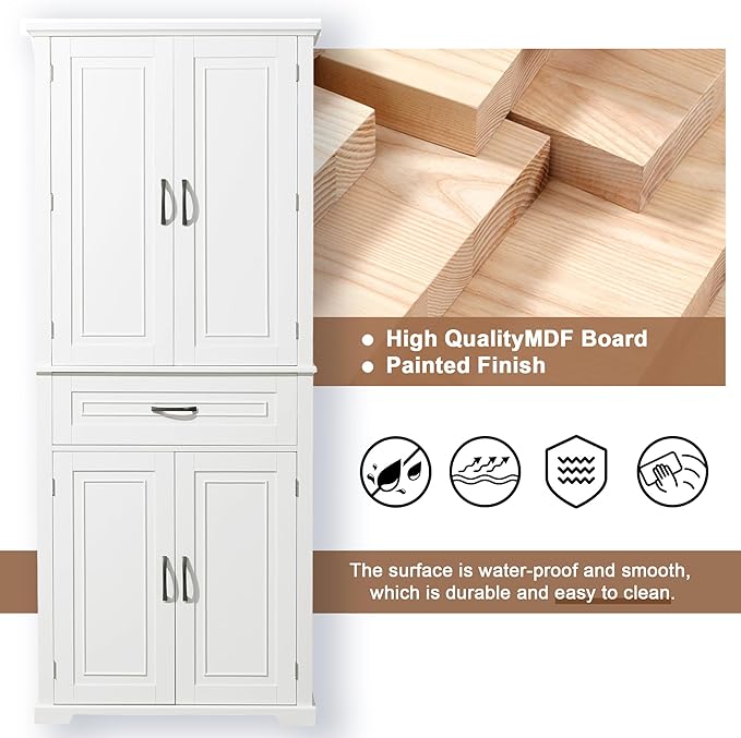 72.2" Storage Cabinet with Doors and Drawers, Tall and Wide Kicthen Pantry Cupboard Home Display Organizer with Door Shelf Rack for Bathroom, Adjustable Shelf, White