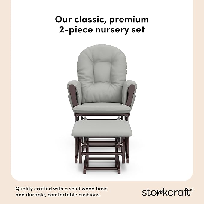 Storkcraft Premium Hoop Glider & Ottoman (Espresso/Light Gray) — GREENGUARD Gold Certified Nursery Glider, Solid Wood Craftsmanship, Smooth-Gliding Nursery Chair and Ottoman, Award-Winning