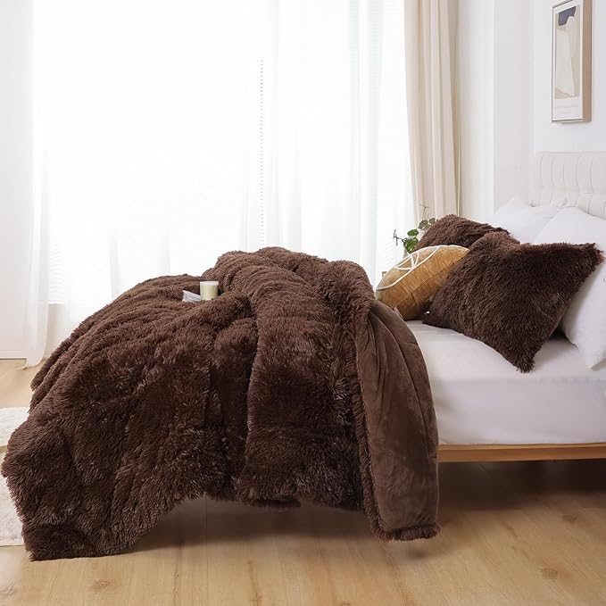Smoofy Fluffy Queen Comforter Set, Faux Fur Comforter Set Queen Size, Luxury Fuzzy Bedding Set, Soft Shaggy Bed Set for All Season, 3 Pieces - 1 Comforter & 2 Pillowcases, Coffee