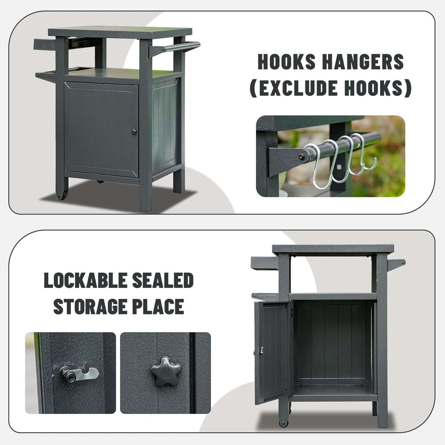 Domi Grill Carts Outdoor with Storage and Wheels, Whole Metal Portable Table and Storage Cabinet for BBQ,Deck,Patio,Backyard(Dark Grey)
