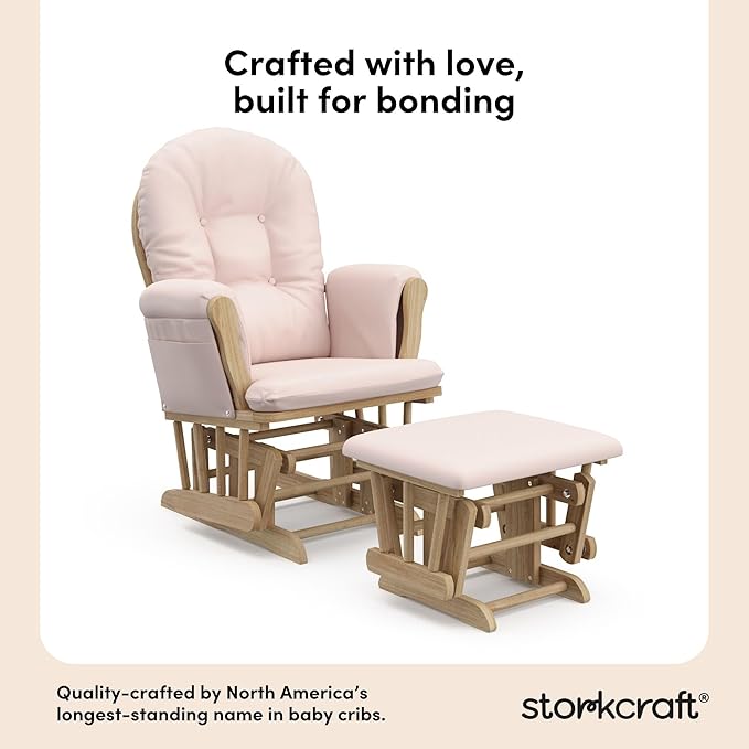 Storkcraft Premium Hoop Glider & Ottoman (Natural/Pink) — GREENGUARD Gold Certified Nursery Glider, Solid Wood Craftsmanship, Smooth-Gliding Nursery Chair and Ottoman, Award-Winning