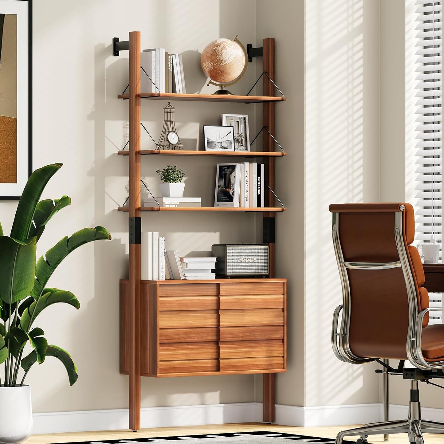 Ladder Bookshelf with Storage Cabinet, Mid Century Modern Wall Mounted Bookcase with Wood and Metal Frame, 6 Tier Open Display Shelves for Living Room, Bedroom, Home Office, Cherry