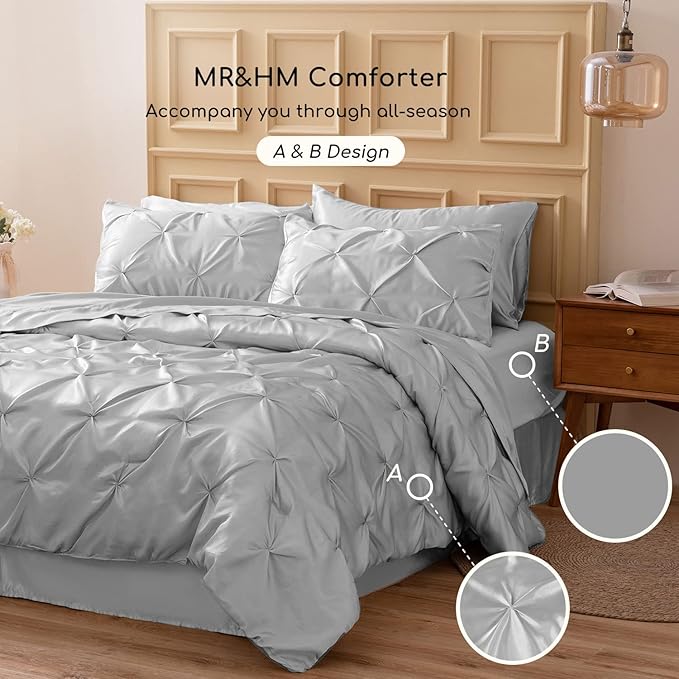 MR&HM Satin Comforter Twin 5 Pieces - Luxurious Pinch Pleat Bedding Set with Comforter, Flat Sheet, Fitted Sheet, Pillowcase & Sham, Super Silky Soft Bed Set for All Season (Twin, Silver Grey)
