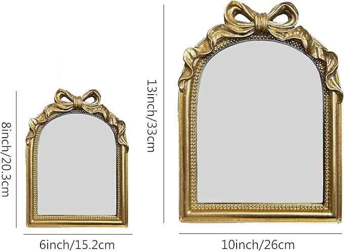 Vintage Carved Resin Desk Mirror - 8x6 Inch Decorative Vanity Mirror for Makeup, Dorm, Bedroom & Tabletop Deco (Bow Gold, 8" L x 6" W)