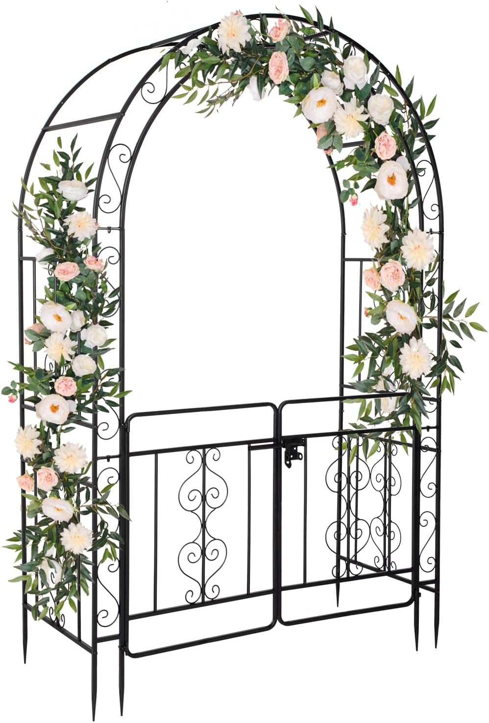 Outvita 7FT Garden Arch Arbor with Entry Door, Heavy Duty Metal Arbour Archway, Decorative Frame Stand Trellis with Ground Stakes for Wedding Ceremony Party Plant Climbing Rose Vines Patio Black
