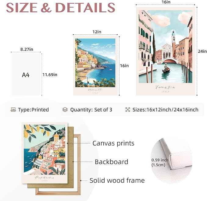 Cyebmo Framed Italy Travel Wall Art, Amalfi Coast Landscape Wall Decor, Blue Venice Coast Wrapped Canvas Artwork, Italian Modern City Aesthetic Picture for Living Room Bedroom Bathroom 16"x24"