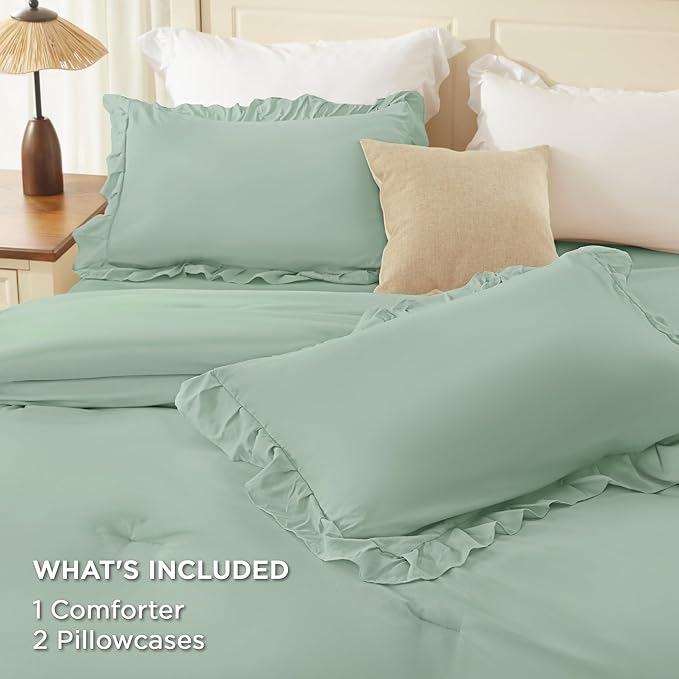 Andency Sage Green King Comforter Set, 3 Pieces Farmhouse Shabby Chic Ruffle Solid Comforter Sets, Lightweight Fluffy Soft Microfiber All Season Bed Set(104x90Inch)