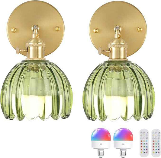 Vintage Battery Operated Wall Sconce with Green Tulip Glass Lampshade 5000 mAh Rechargeable Battery Powered Wall Light with Remote Control for Bedside Bedroom Doorway, Set of 2