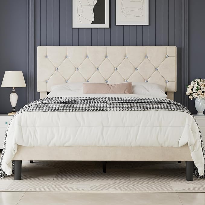 VECELO Full Size Bed Frame with Diamond Tufted Headboard, Upholstered Platform Bedframe with Wood Slat Support, No Box Spring Needed, Pala Beige