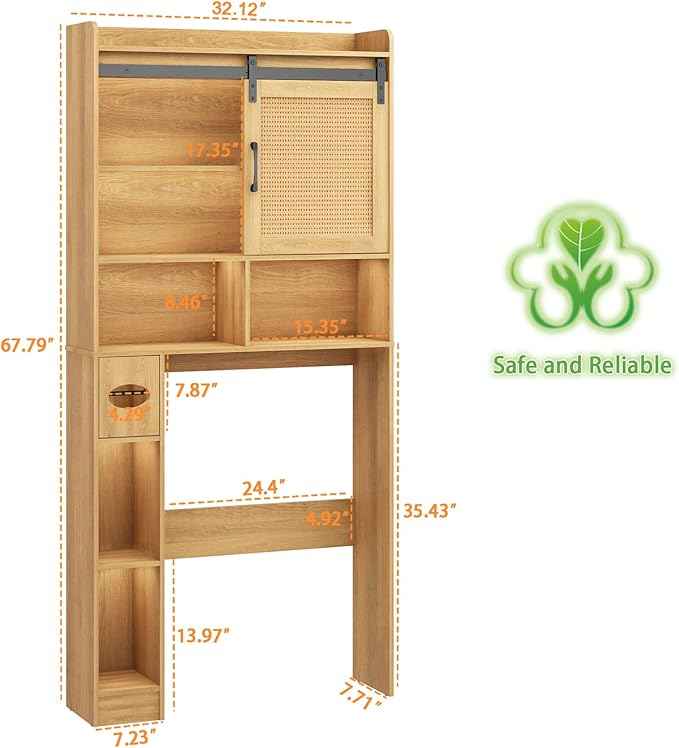 Over The Toilet Storage Cabinet, Farmhouse Rattan Storage Cabinet Over Toilet with Sliding Doors & Toilet Paper Holder Stand, Home Space-Saving Toilet Rack, for Bathroom, Laundry(Rattan Oak).