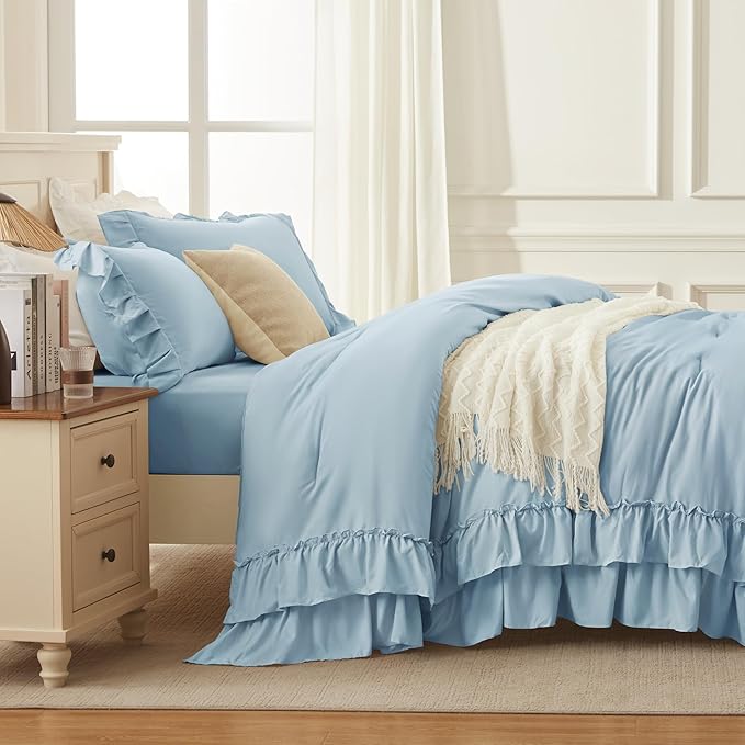 Andency Light Blue California King Comforter Set (104x96Inch), 3 Pieces Farmhouse Shabby Chic Ruffle Bedding Comforter Sets, Lightweight Fluffy Soft All Season Bed Set