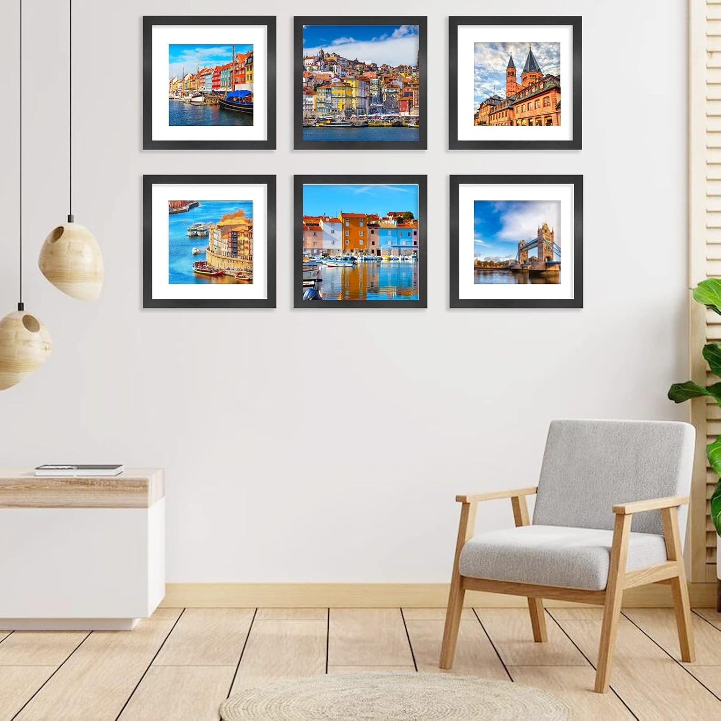 12x12 Picture Frame Set of 6, Display Pictures 8x8 with Mat or 12x12 Without Mat for Wall Mounting,Black