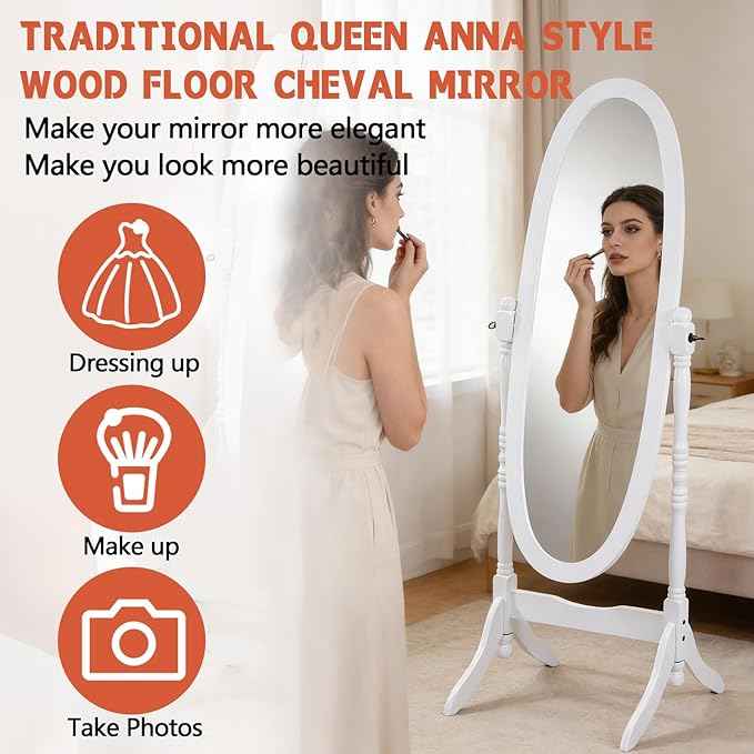 Full Length Mirror with Stand, Swivel Adjustable Oval Wood Cheval Floor Mirror, Dressing Cheval Mirror for Bedroom Livingroom, Interior Gift Idea (White)