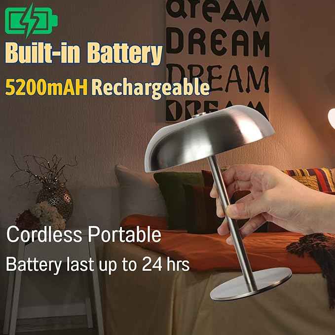 Portable LED Mushroom Table Lamp, 8.46'' Small Cordless Desk Night Light with 5200mAh Rechargeable Battery, Stepless Dimming Lamp with 3 Colors for Bedroom/Bar/Coffee Shop (Silver)