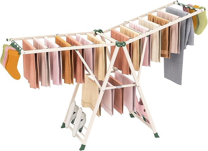 Giantex Clothes Drying Rack, Foldable Metal Laundry Drying Rack with Height Adjustable Wings, 16 Drying Rails, Sock Clips & Shoe Racks, Freestanding Clothing Stand for Indoor & Outdoor, Beige