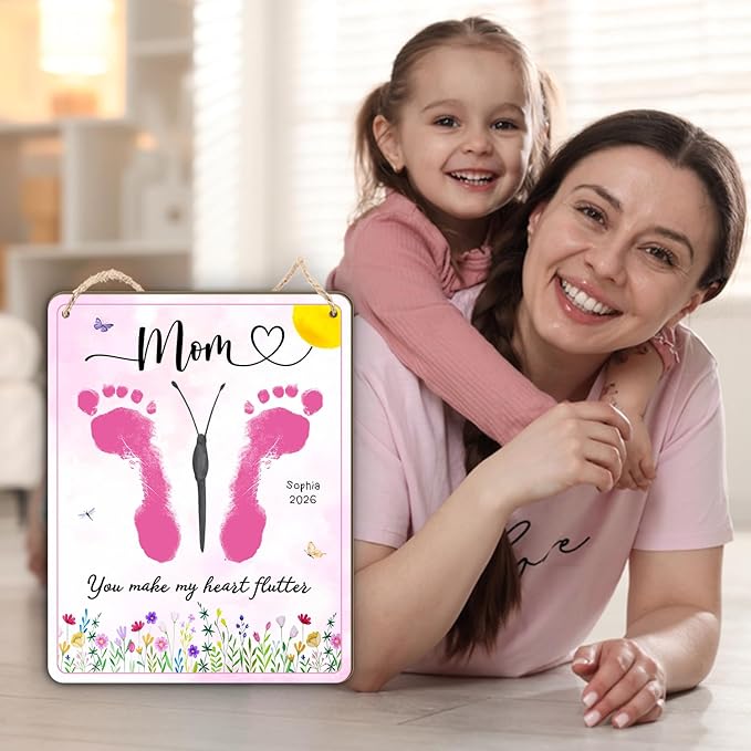 DIY Mothers Day Footprints Butterfly Craft Wooden Hanging Sign, Babys First Mothers Day Butterfly Footprint Keepsake Gifts, You Make My Heart Flutter Crafts Gift for 1st New Mom from Kid PreK Activity