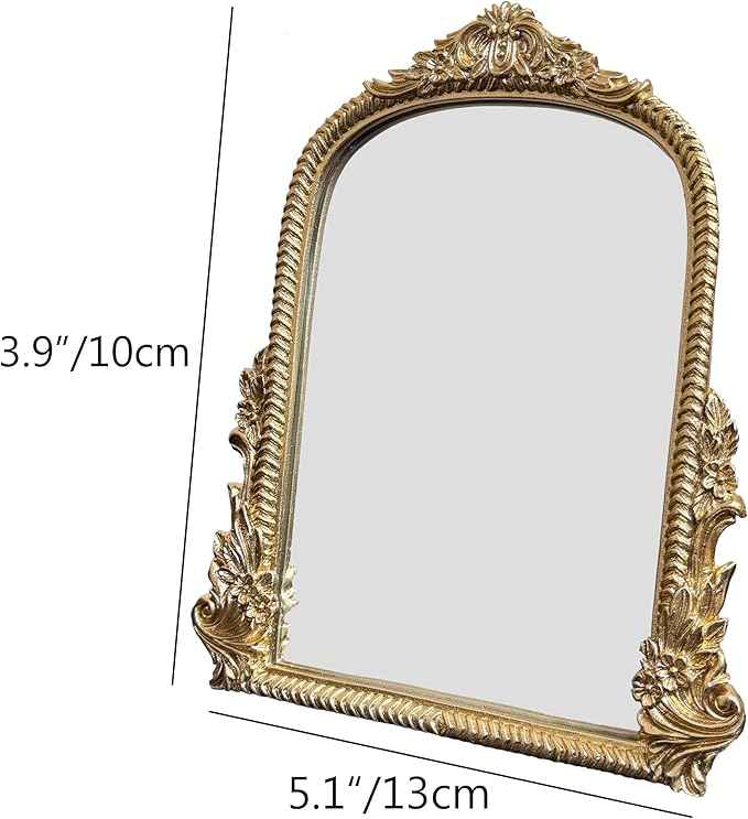 Baroque Gold Vintage Vanity Mirror 13x10 Inch, Wall-Mounted & Tabletop Dual-Use, Ornate Gold Accent Retro Decorative Mirror for Bedroom Dresser, Bathroom, Living Room and Dorm