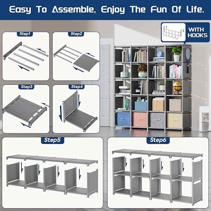 Mavivegue 20 Cube Book Shelf, Storage Organizer, Large DIY Bookcase, Metal Cube Bookshelf, Cubbies Closet Storage Organizer Shelves for Bedroom,Living Room,Home,Office