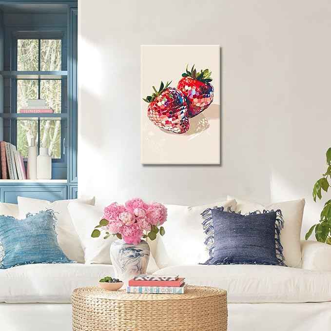 Funky Red Strawberry Disco Wall Art,Trendy Disco Ball Poster For Girls Room, Coquette Strawberries Picture Print, Art Fruit Poster For Home Bedroom Dorm wall Decor 12X16In Framed