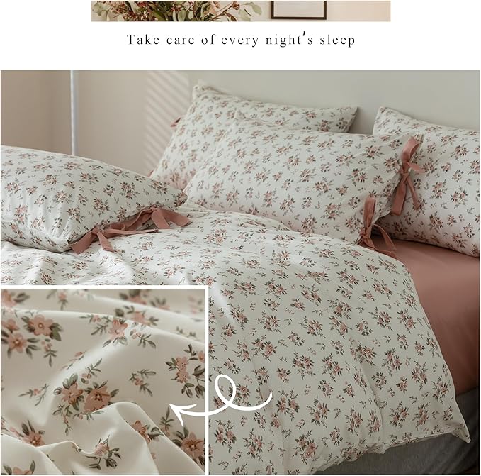 LifeTB Blush Pink Floral Comforter Set Twin XL Vintage Garden Flower Bedding Comforter Girls Botanical Comforter with 2 Bow Ties Pillowcases Fluffy Cottagecore Comforter Set for All Seasons