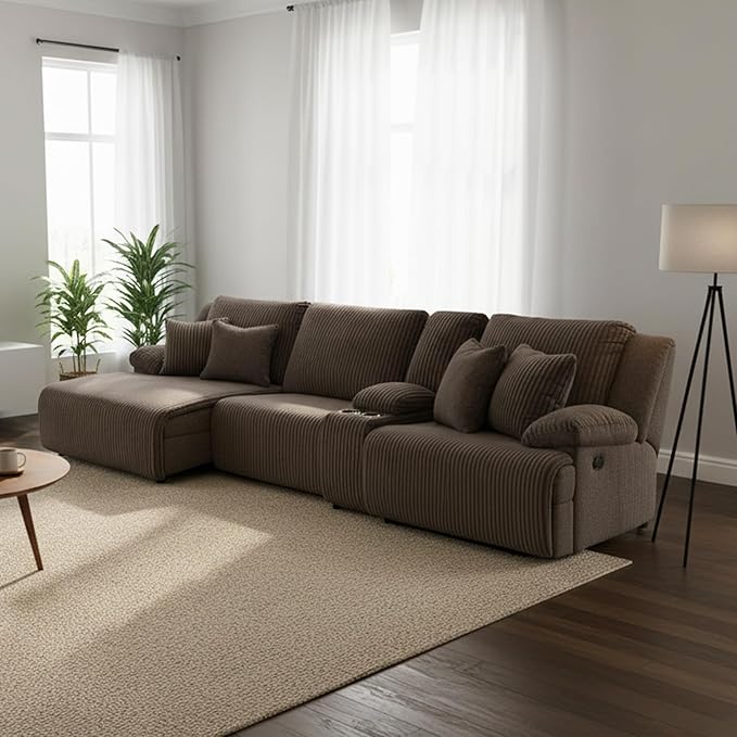 Signature Design by Ashley Top Tier Casual Manual Left-Arm Facing 4-Piece Reclining Sectional with Chaise, Console, Storage, 2 Cup Holders and 4 Accent Pillows, Dark Brown