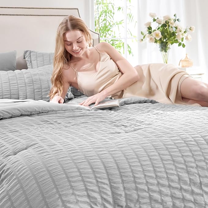 CozyLux Queen Comforter Set Light Grey Seersucker 7 Pieces Bed in a Bag Queen Comforter Set with Sheets Luxury Soft Bedding Set with Down Alternative Comforter, Sheets, Pillowcases & Shams All Seasons