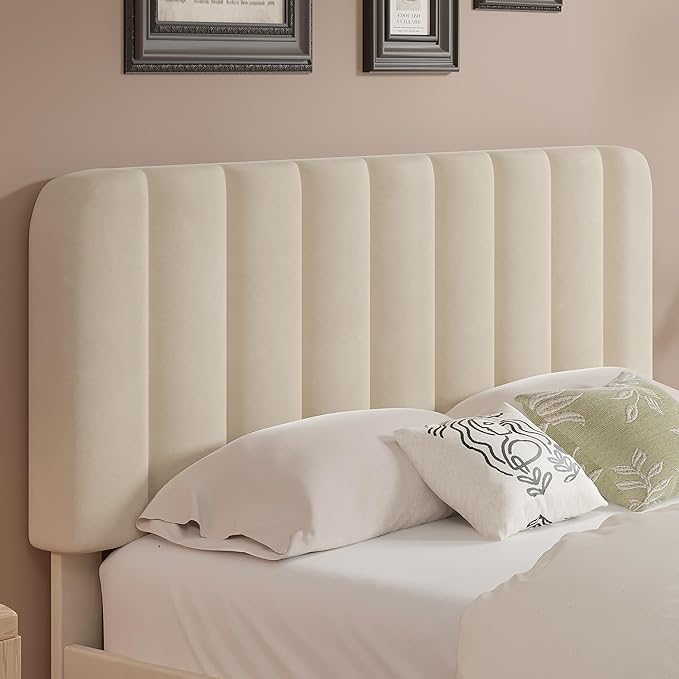 VECELO Queen Size Bed Frame with Upholstered Headboard, Velvet Platform Bedframe Mattress Foundation, Strong Wood Slat Support, No Box Spring Needed,Bone Beige