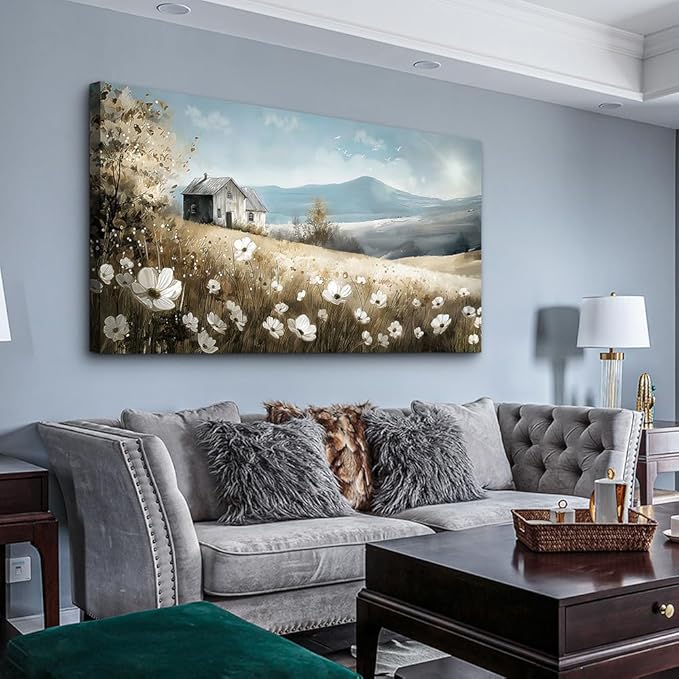 Wapluam Canvas Wall Art For Living Room Large Wall Decor For Bedroom Field Scenery Watercolour Flowers Wall Paintings Office Decorations Old House Pictures Artwork Home Decor Ready To Hang 48L x 24W