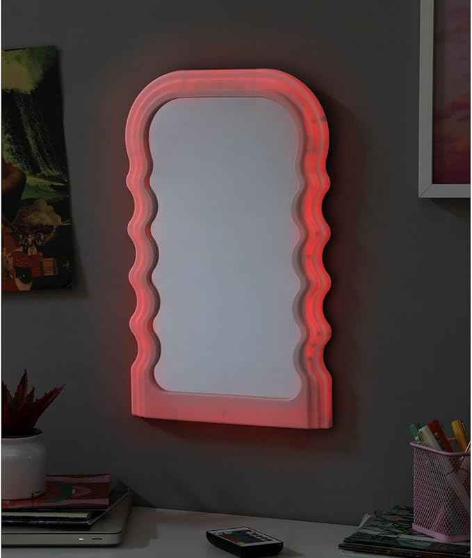 Urban Lifestyle LED Wavy Wall Mirror,Color Changing Light Up Mirror for Bedroom, Living Room or Dorm,16.5" x 10.28"