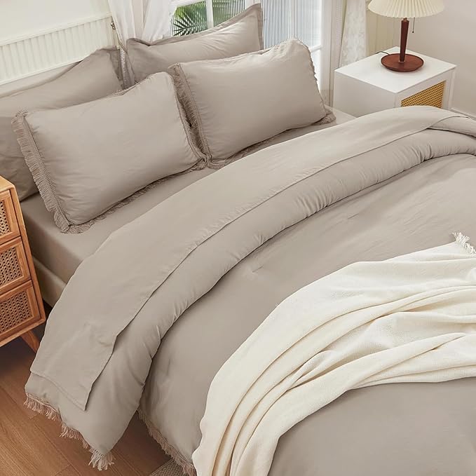 Andency Oversized King Comforter Set with Sheets 128x120 Wheat - 7 Pieces Bed in a Bag Boho Soft Lightweight Bedding Sets, Tassel Bed Set with Comforter, Sheets, Pillowcases & Shams