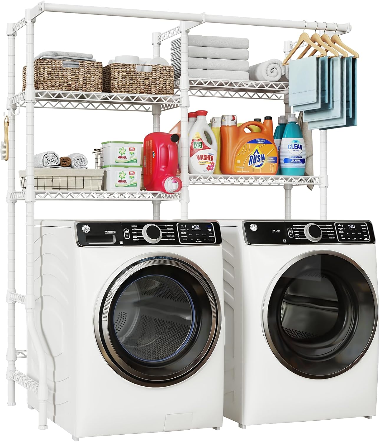 U14 Over Washer and Dryer Storage Shelves, 4 Tiers Laundry Room Storage and Organizer System, Space Saving Clothes Drying Rack with 2 Clothes Hanger Rods, 66.5" W x 20.5" D x 77.4" H, White