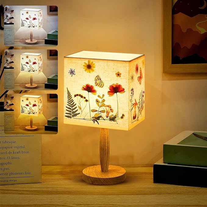 Hortsun Pressed Flower Lamp Vintage Table Small Lamp Cottagecore Decor Boho Night Light Decorative Rustic Night Light for Bedroom, Living Room or Office, Valentine Gift for Women(Square)