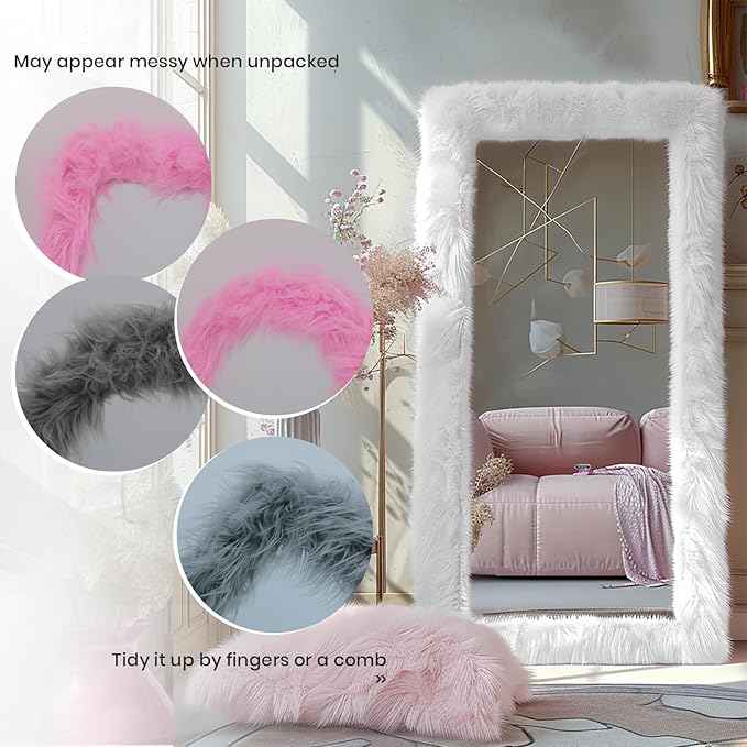 Full Length Mirror Free Standing Furry Faux Fur Framed Full Body Floor Mirror Wall Mounted Leaning Hanging Wall for Bedroom Hallway Entrance, 63"x24", Pink