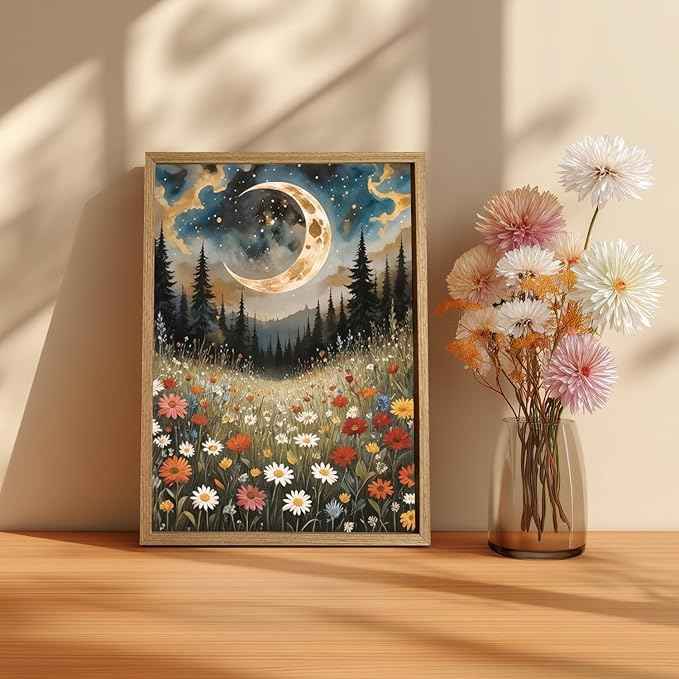 Cyebmo Boho Wildflower Wall Art, Moon Forest Wall Decor, Rustic Mountain Landscape Flower Art Prints, Mystical Starry Night Poster Prints for Living Room Bedroom Office Wood Framed 12''x16''x3