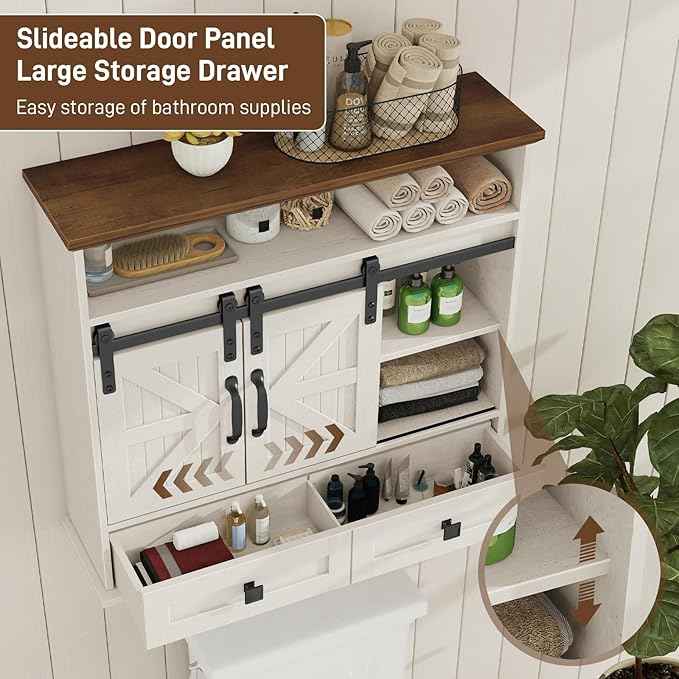 Vabches Bathroom Wall Cabinet, Farmhouse Medicine Cabinet with Double Sliding Barn Door and Storage Drawer, Wooden Vintage Storage Cabinet Wall Mounted for Bathroom, Kitchen, Rustic White and Brown