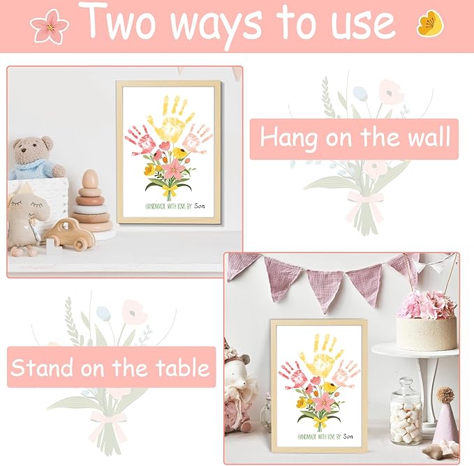 QOUBAI Flower Bouquet Handprint Art Craft DIY Kit Mother's Day Gifts from Daughter or Son Children Adults Handprint Keepsake for Mom Grandma Birthday Gifts Christmas (12X16in, with Wood Frame)