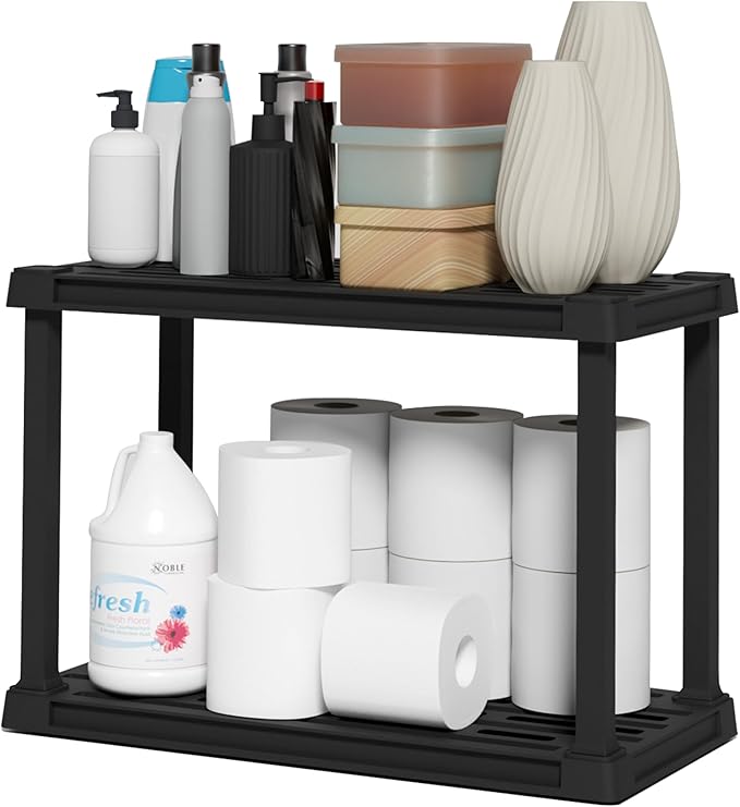 IRIS USA 2-Shelf Light Duty Plastic Storage Shelves, 100lb Capacity, 17" H x 24" W x 12" D, Medium Modular Shelving Unit Storage Organizer for Bathroom, Laundry, Garage & Home, Storage Rack - Black