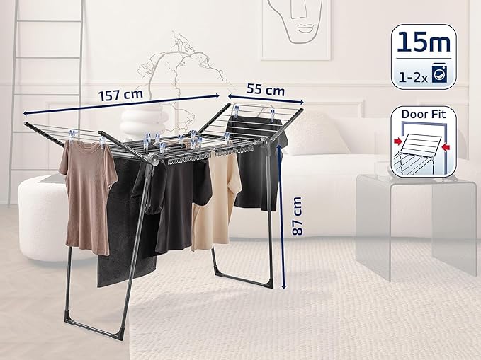 Leifheit Pegasus 150 Solid Slim Black Edition Clothes Airer, Stable Tumble Dryer, Long Wings, Particularly Compact Wing Balcony Airer That Goes Through Narrow Doors