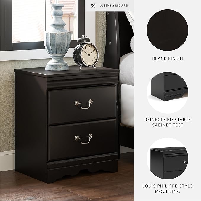 Signature Design by Ashley Huey Vineyard Traditional 2 Drawer Nightstand, Louis Phillippe Styling, Pewter Colored Handles, Shapely Mouldings, Smooth Operating Drawers, 24.45" Tall, Black