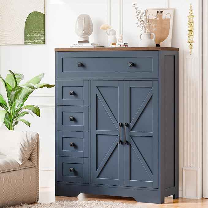 Vabches Farmhouse Storage Cabinet with 2 Doors and 5 Drawers, Freestanding Bathroom Cabinets Kitchen Pantry, Floor Storage Cabinet Hutch Cupboard for Living Room/Bathroom/Kitchen.Blue