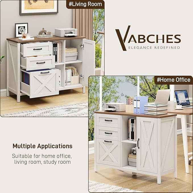 Vabches Lateral File Cabinet, Farmhouse 3 Drawer File Cabinet with Open Storage Shelf for Letter/Legal/A4 Size Hanging Files, Large Wood Storage Cabinets Printer Stand for Home Office, White