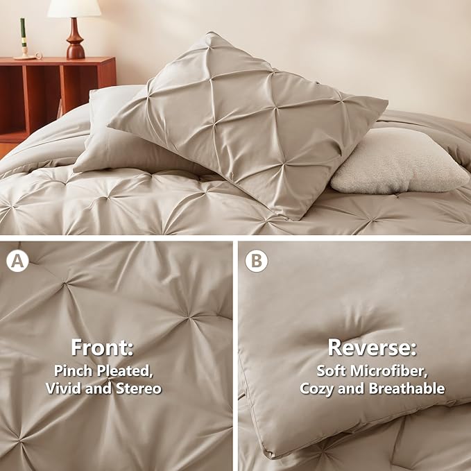 CozyLux King Size Comforter Set Wheat, 7 Pieces Pintuck Bed in A Bag Wheat Comforter King Size, Pinch Pleat Bedding Set with All Season Comforter, Sheets, Pillowcases & Shams