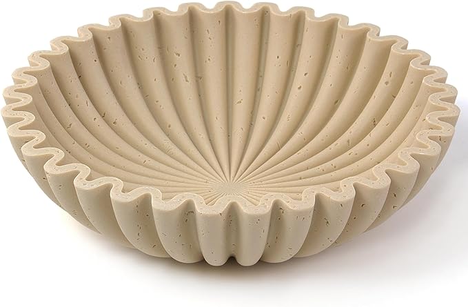 Large Decorative Bowl, Modern Handicraft Bowls for Home Decor, Decorative Fruit Bowl for Kitchen Counter, Ruffle Decor, Stylish Key Bowl for Entry Table, Artificial Travertine Beige